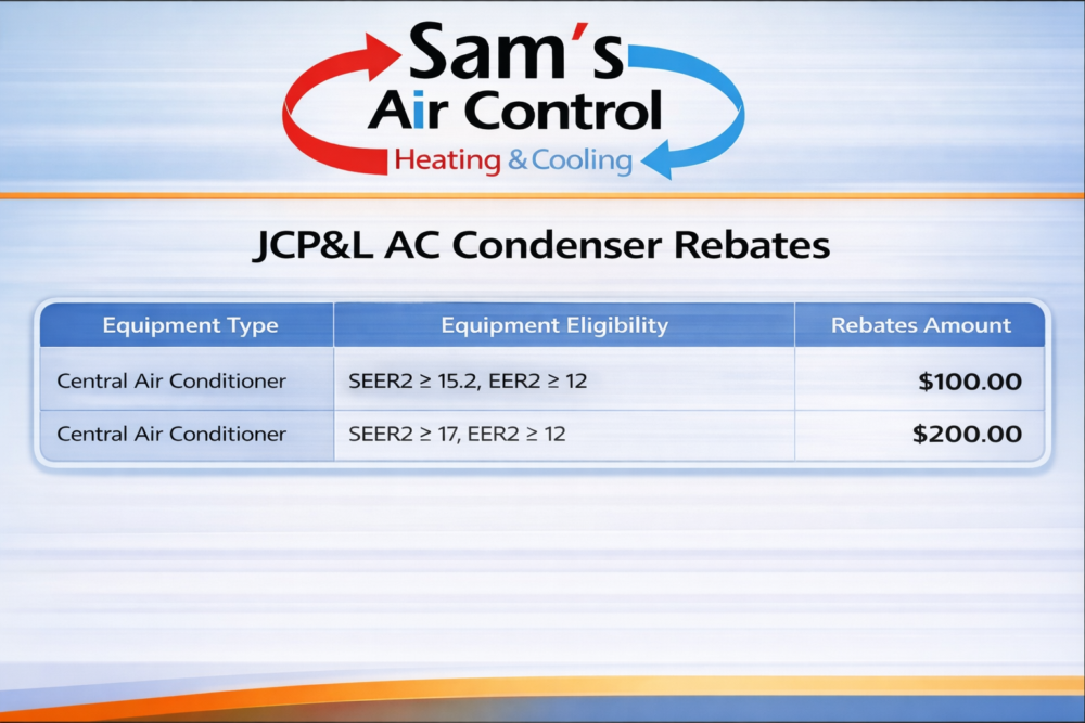 Table showing JCP&L AC condenser rebates from Sam's Air Control; $100 for SEER2 ≥15.2, EER2 ≥12; $200 for SEER2 ≥17, EER2 ≥12.