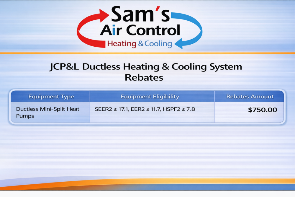 A table from Sam's Air Control shows a $750 rebate for ductless mini-split heat pumps meeting specific SEER, EER, and HSPF ratings under JCP&L's rebate program.
