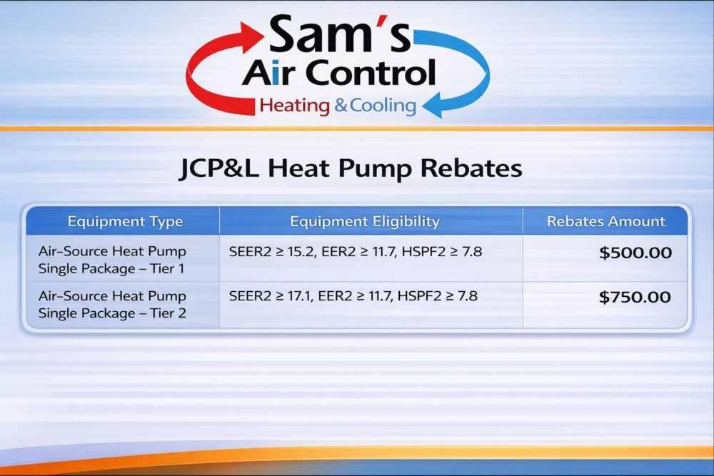 A chart from Sam's Air Control lists JCP&L heat pump rebates: Tier 1 offers $500 and Tier 2 offers $750, with details on SEER, EER, and HSPF eligibility for each tier.