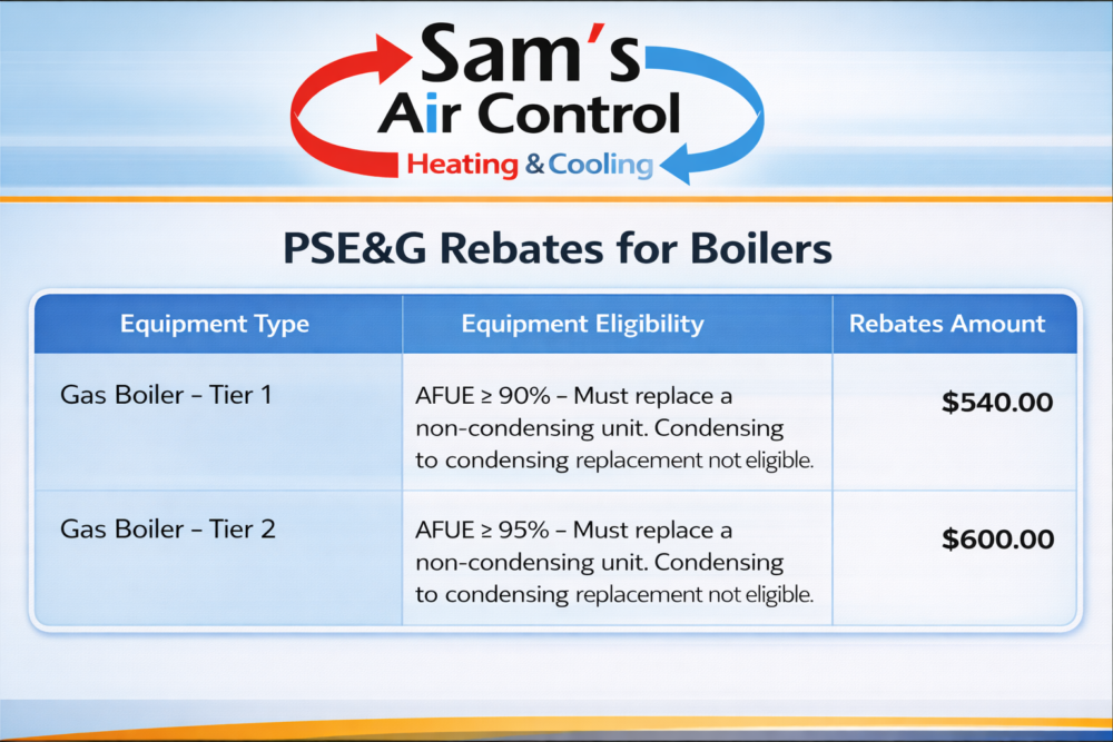 Rebate chart from Sam's Air Control showing gas boiler rebates: $540 for Tier 1 (AFUE ≥ 90%), $600 for Tier 2 (AFUE ≥ 95%) with eligibility criteria.
