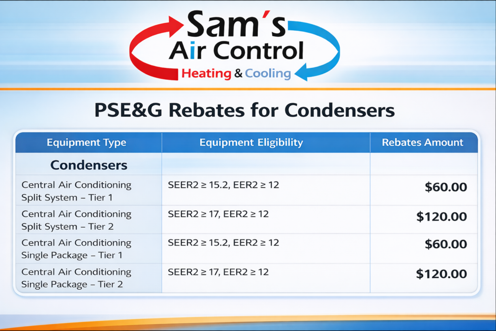 A chart lists PSE&G rebates for condensers by equipment type, eligibility (SEER/EER ratings), and rebate amounts of $60 or $120, under Sam's Air Control Heating & Cooling branding.