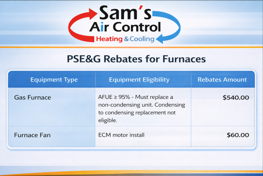 Table showing PSE&G rebates: $540 for gas furnace (AFUE ≥ 95%, non-condensing to condensing only), $60 for furnace fan with ECM motor install. Sam's Air Control logo at top.