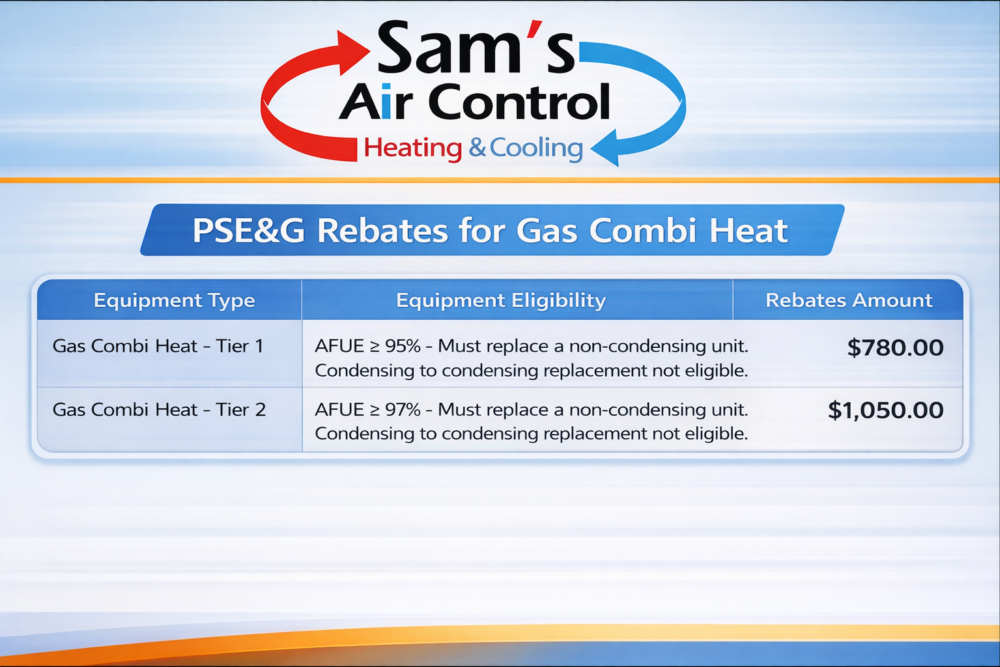 Table showing PSE&G rebates for gas combi heat: $780 for AFUE ≥ 95% (tier 1), $1,050 for AFUE ≥ 97% (tier 2). Must replace a non-condensing unit.