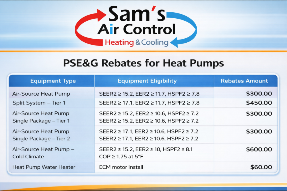 Table displaying PSE&G heat pump rebates, equipment types, required efficiency ratings, and rebate amounts, with Sam’s Air Control Heating & Cooling logo at the top.
