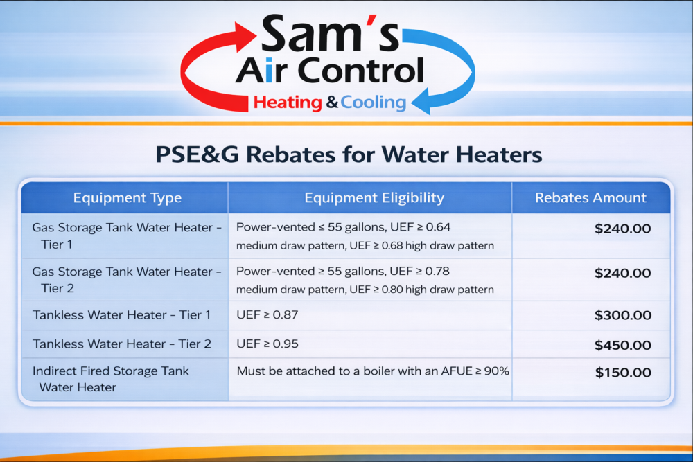 A chart from Sam's Air Control lists PSE&G rebates for water heaters by equipment type, efficiency rating, and rebate amounts ranging from $150 to $500.