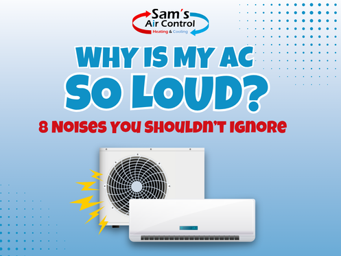 Graphic with text: "Why is my AC so loud? 8 noises you shouldn't ignore" and images of AC units, one with illustrated noise lines. Sam's Air Control logo at top.
