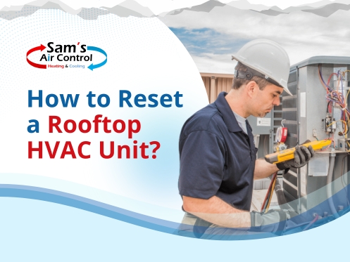 A technician in a hard hat checks a rooftop HVAC unit with tools; text reads "How to Reset a Rooftop HVAC Unit?" with Sam’s Air Control logo.