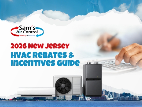 2026 New Jersey HVAC rebates and incentives guide, HVAC units, and a person using a calculator in the background.