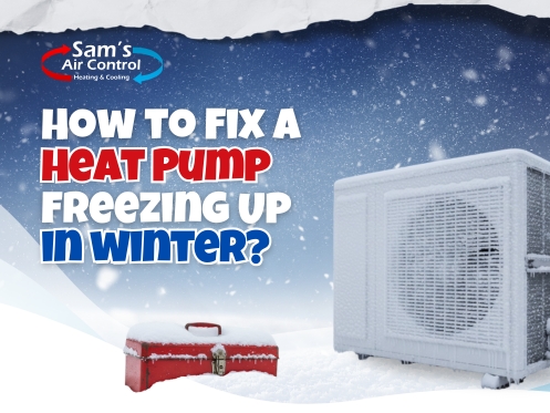 An outdoor heat pump unit covered in snow with a red toolbox beside it; text reads, "How to fix a heat pump freezing up in winter?" and "Sam’s Air Control Heating & Cooling.