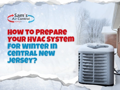 Outdoor HVAC unit covered in snow next to a house, with text asking how to prepare an HVAC system for winter in Central New Jersey.