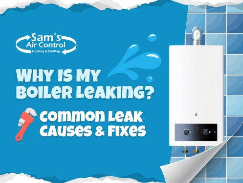 Graphic showing a boiler with leaking pipes on a tiled wall, text reads: "Why is my boiler leaking? Common leak causes & fixes. Sam's Air Control Heating & Cooling.