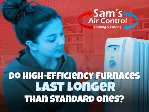 Woman adjusting a portable heater, with text asking if high-efficiency furnaces last longer than standard ones; Sam's Air Control Heating & Cooling logo is visible.