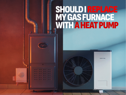 A gas furnace is shown on the left and a heat pump on the right, with text asking whether to replace a gas furnace with a heat pump; Sam’s Air Control logo appears below.