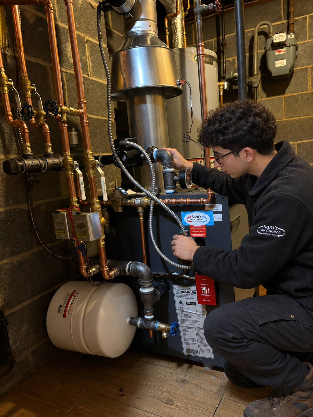 Sam's Air Control technician diagnosing a failing outdoor air conditioning unit